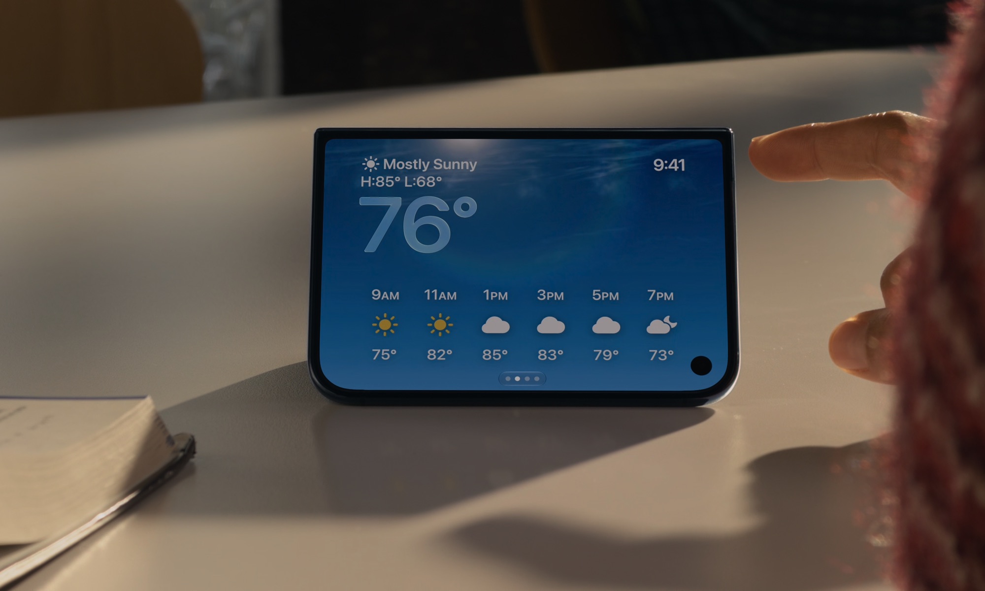 iPhone Duo in StandBy showing Weather screen.