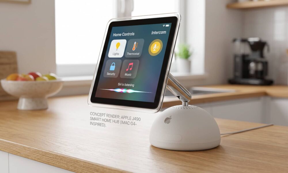 A detailed concept rendering of Apple's rumored J490 smart home hub, featuring a 6-inch square display mounted on an articulated arm that sits on a white, half-dome speaker base, reminiscent of the 2002 iMac G4 design, resting on a clean oak wood countertop.