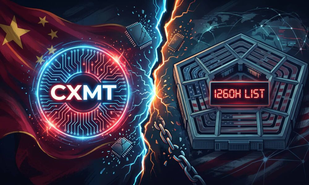 Conceptual illustration of the Pentagon and Chinese memory supplier CXMT divided by broken circuits, symbolizing their blacklist legal battle.