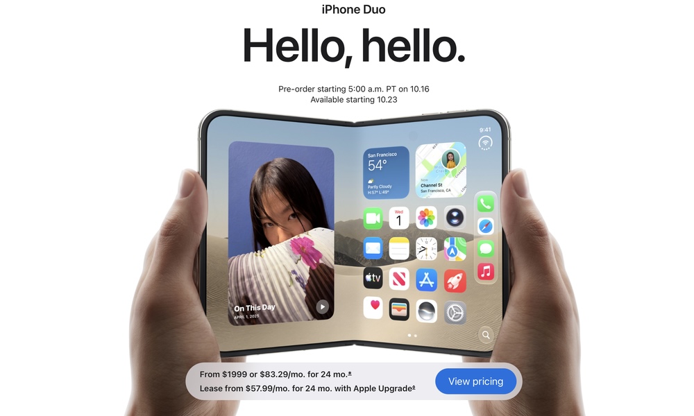 Suggested Alt-Text: Apple promotional graphic showing pricing tiers and October 2026 pre-order dates for the foldable iPhone Duo.