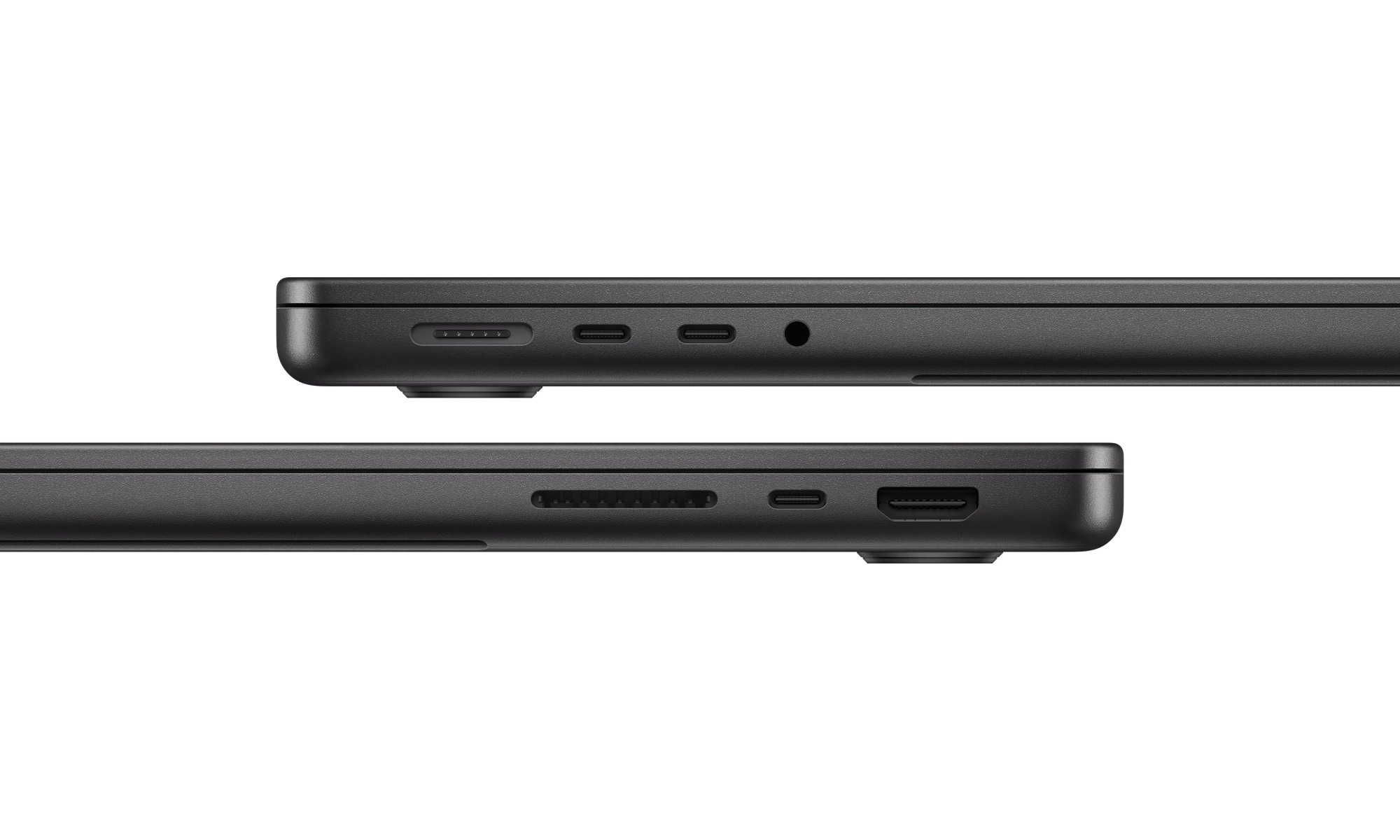 Apple 14-inch M6 MacBook Pro side view showing USB-C, HDMI, and SD card ports.