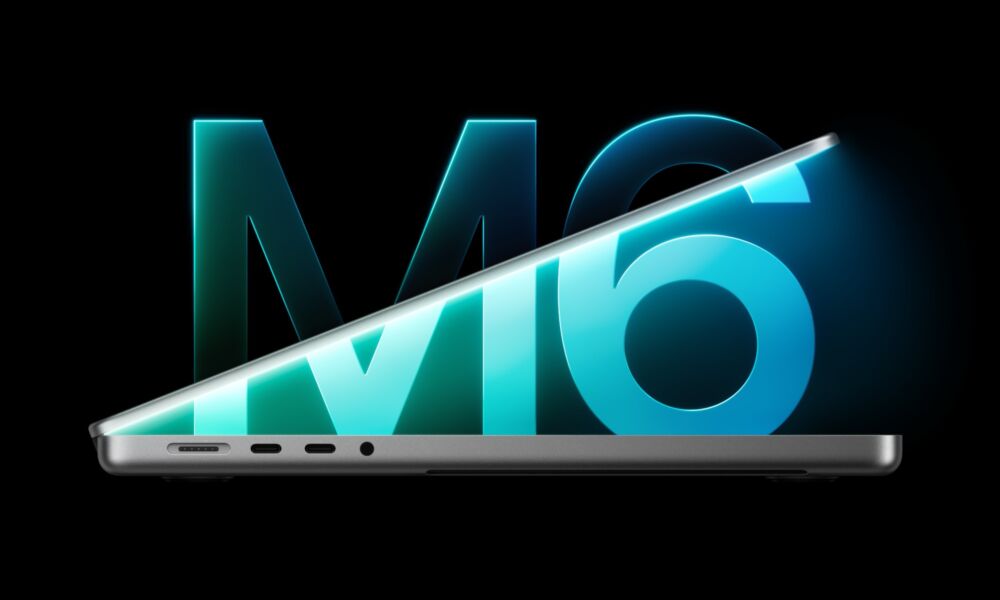 Apple 14-inch MacBook Pro profile view on black background with "M6" written behind it.