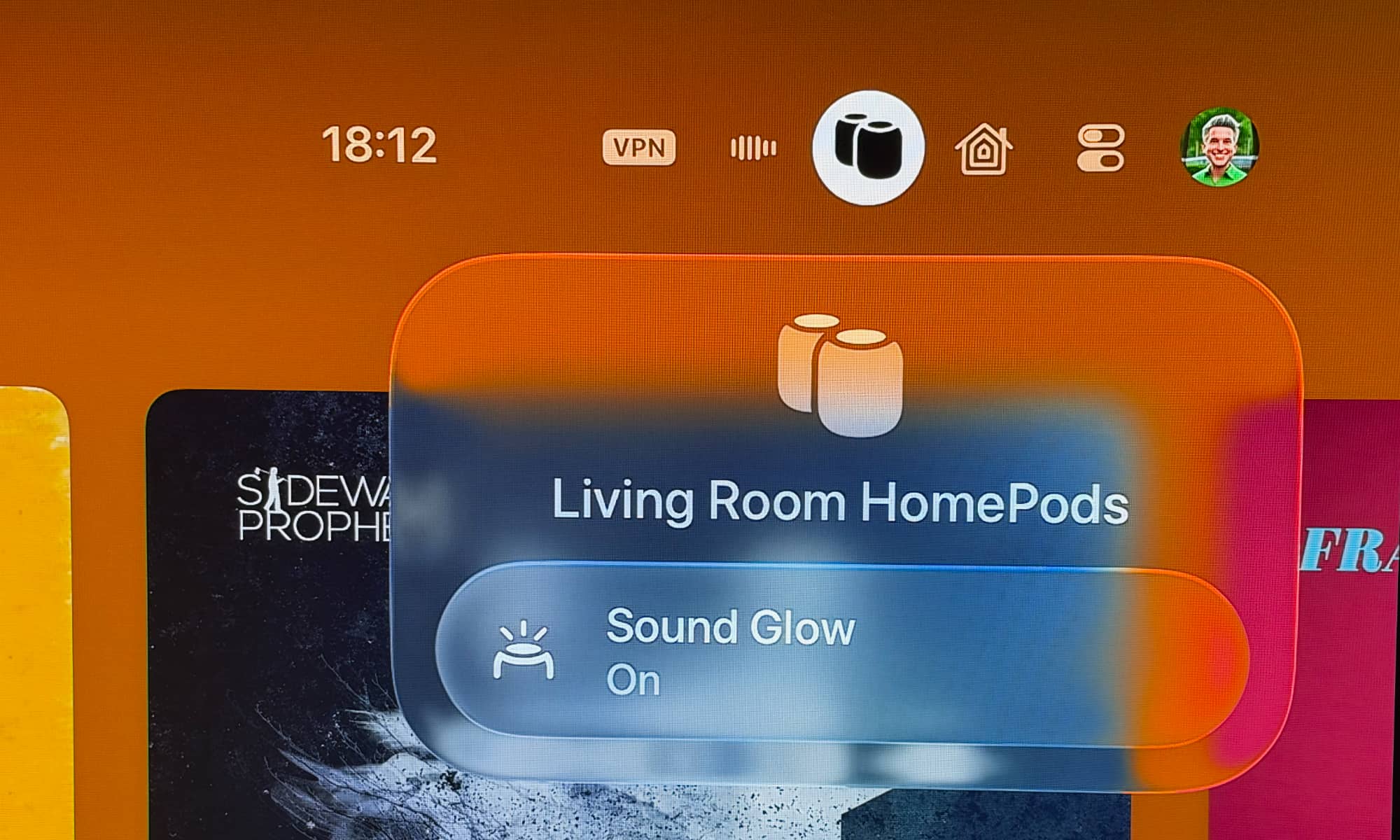 Apple TV 4K Control Center in tvOS 27.2 showing HomePod Sound Glow control.