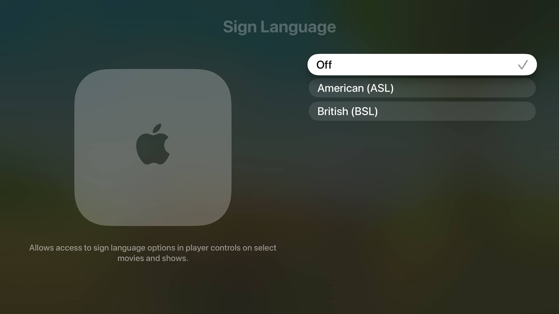 Apple TV Sign Language Setting in tvOS 27.2.