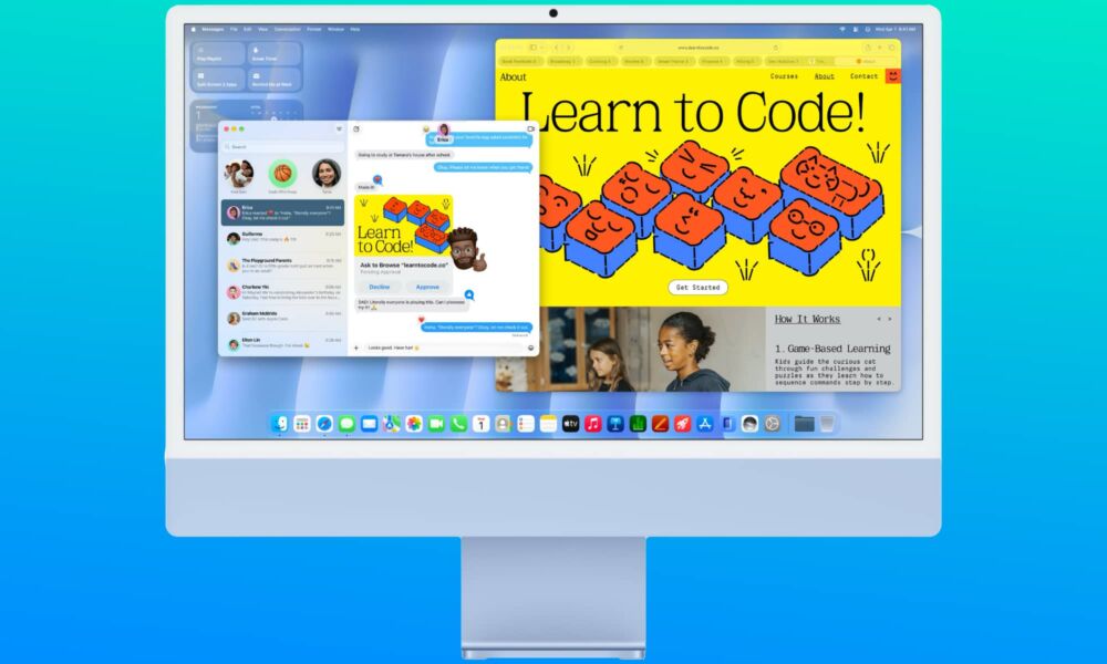 Apple iMac with M6 showing Messages and Safari with a "Learn to Code" banner.