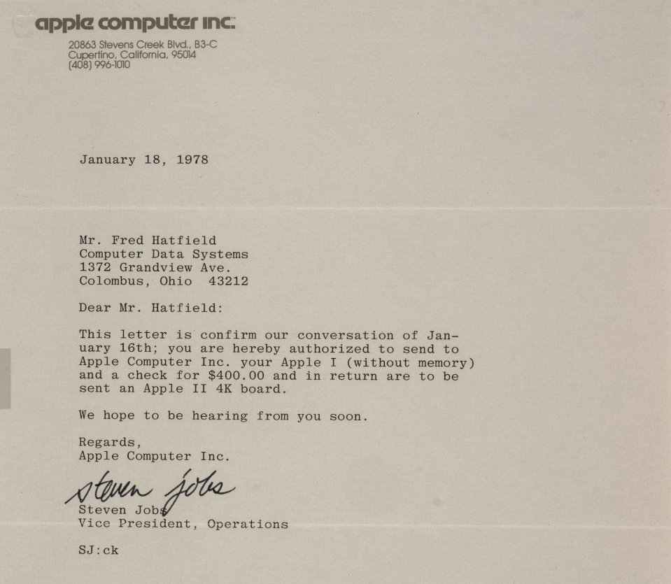 Letter from Steve Jobs to Fred Hatfield offering a trade-in for his Apple-1.