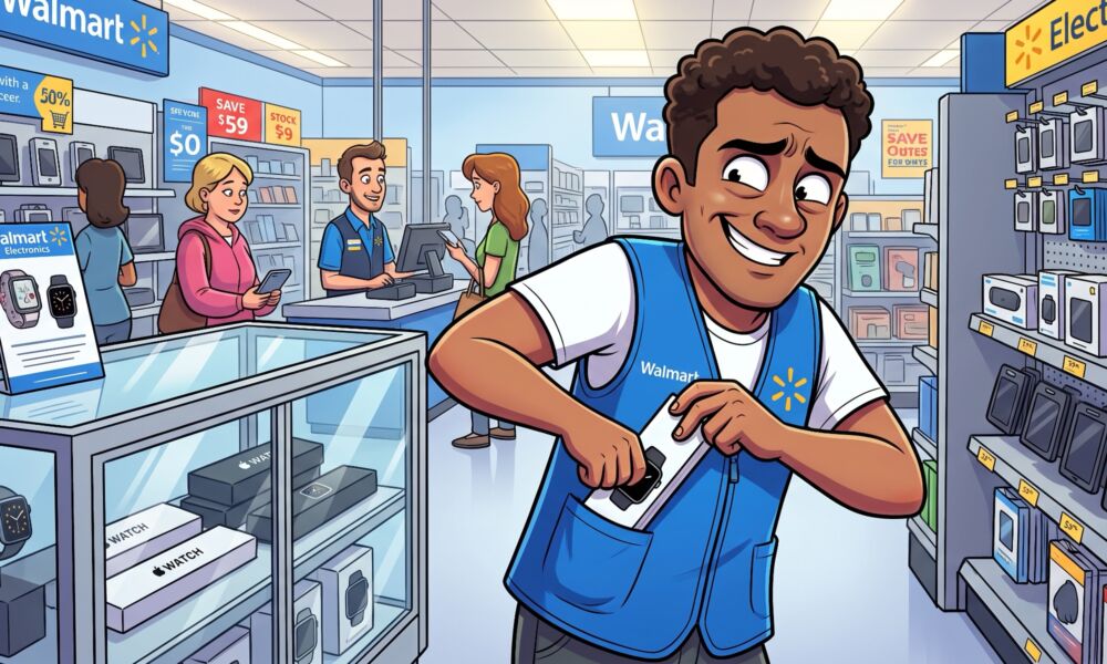 Cartoon image of a person dressed as a Walmart employee pocketing an Apple Watch.
