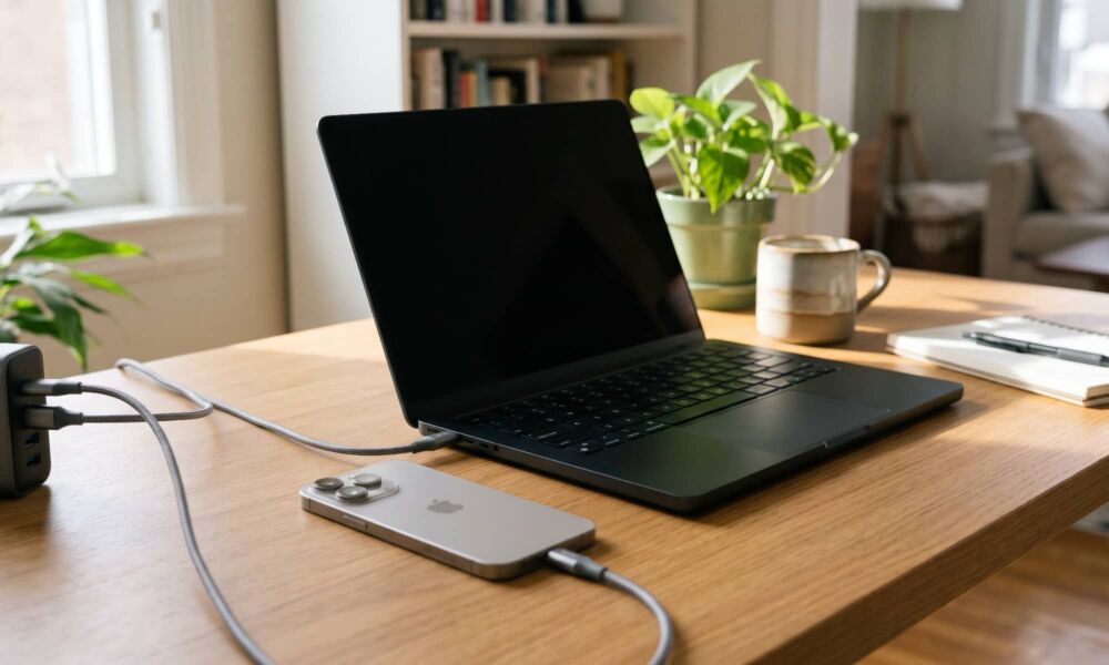 A MacBook Pro and an iPhone resting on a sunlit wooden desk in a home office, connected to braided USB-C charging cables next to a ceramic coffee mug and a small potted plant.