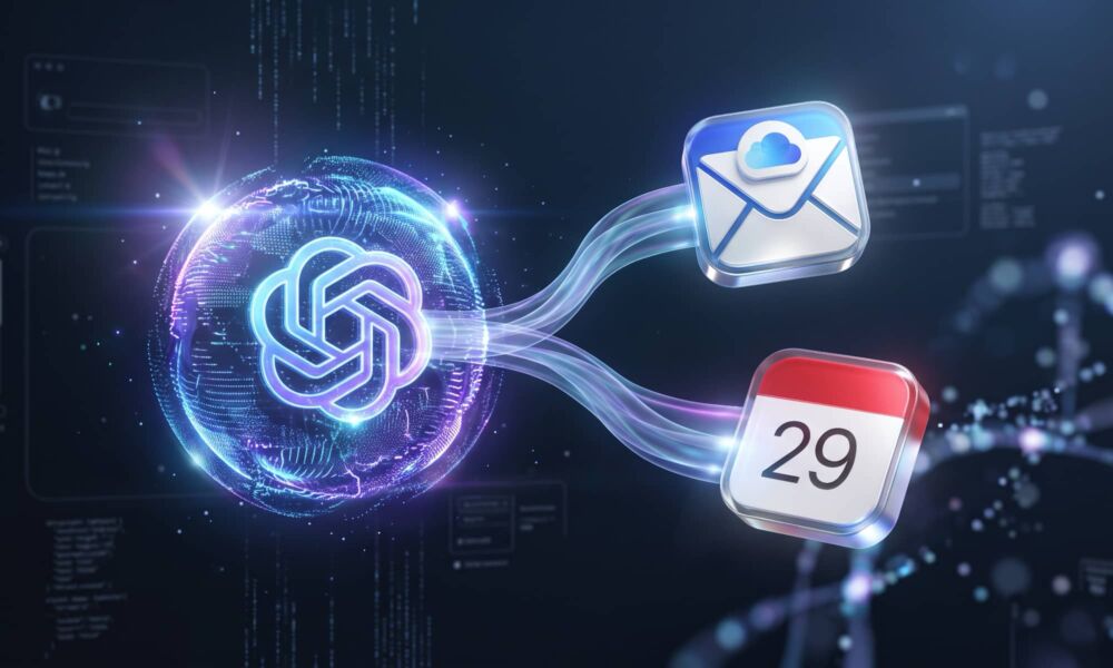Conceptual 3D illustration showing a glowing ChatGPT artificial intelligence node connecting via translucent light streams to floating Apple Mail and Calendar icons against a sleek modern background