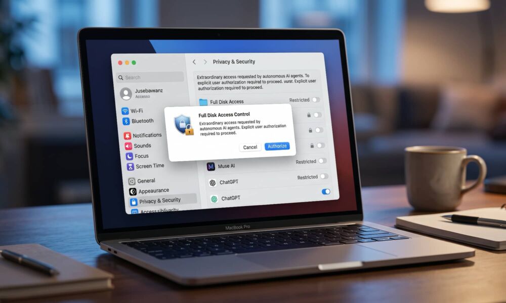 A close-up natural concept photograph of a MacBook Pro on a wooden desk, showing an open macOS Privacy & Security settings window with a warning prompt titled "Full Disk Access Control" alerting the user that "Extraordinary access" requested by autonomous AI agents requires explicit authorization. A notepad, pen, and coffee mug sit on the table in the blurred background.