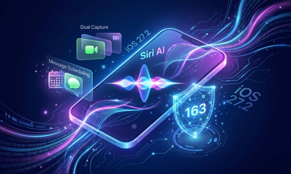 An abstract glowing digital illustration representing iOS 27.2, showcasing Siri AI's multicolor audio waveform on a smartphone screen alongside 163 security shield node overlays, FaceTime camera capture visuals, and message notifications on a dark blue futuristic background.